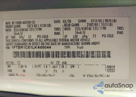 2020 Ford Transit-250 z USA, uszkodzony, nr VIN 1FTBR1C81LKA60044